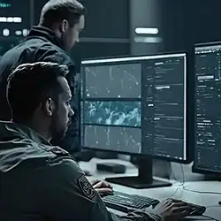 Cybersecurity team monitoring security operations on multiple computer screens.