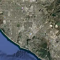Aerial view map of Orange County, California highlighting local businesses.