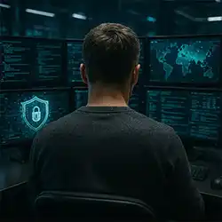 Security operations professional monitoring network activity and threat detection systems.